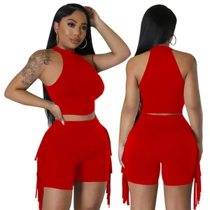 Detailed front and back views of a stylish red sleeveless crop top and fringe shorts set