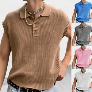 Haut Polo en Tricot Sans Manches pour Hommes Couleur Unie Coupe Ajustée Gilet en Tricot Nervuré pour Mode Décontractée Printemps Été