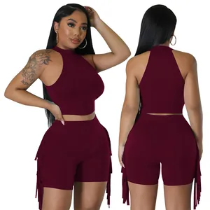 Detailed front and back view of burgundy sleeveless round neck fringe two-piece set