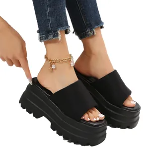 Stylish black platform wedge sandals with chunky sole and square toe design for women