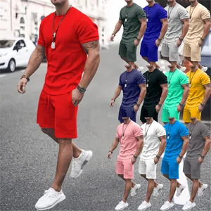 Men's Casual Sportswear Solid Color Round Neck T-Shirt And Drawstring Shorts Tracksuit Top And Bottom