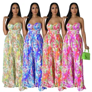 Combinaison Sexy Dos Nu à Imprimé Floral Jambe Large pour Femmes Tropicale Ajourée Sans Bretelles Sans Manches Pantalon Long Plage Vacances