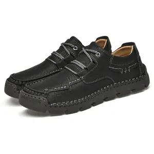 Hand-stitched black leather outdoor casual shoes for men with non-slip rugged soles