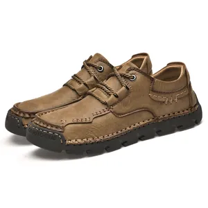 Handcrafted men's low-top brown casual outdoor shoes with non-slip rugged soles