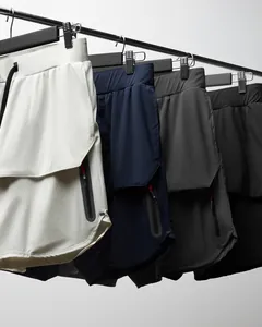 Detailed display of men's athletic running shorts featuring secure zipper pockets