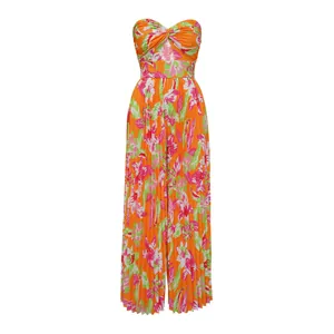 Combinaison bustier à imprimé floral orange vif avec jambes larges et texture plissée