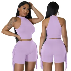 Lavender purple sleeveless two-piece set with fringe detail on shorts, front and back view