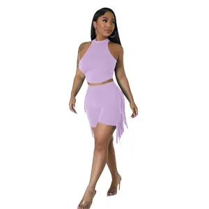 Lavender sleeveless halter crop top and fringe shorts two-piece casual set for women