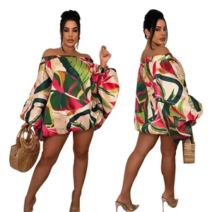 Vestido corto con estampado tropical de hombros descubiertos para mujer y mangas de murciélago