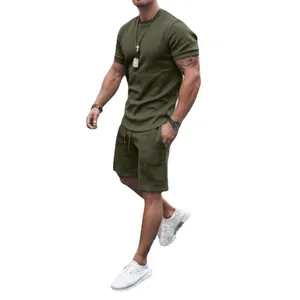 Ensemble de sport décontracté pour homme en coton vert olive avec t-shirt et short