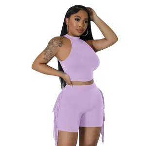 Stylish lavender sleeveless high-neck crop top and fringe shorts two-piece casual set