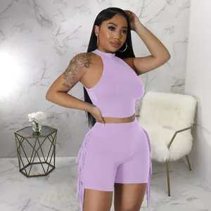 Sleeveless lavender crop top and fringe shorts two-piece set casual fashion outfit