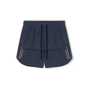 High-quality detailed macro view of navy athletic shorts featuring secure zippered pockets