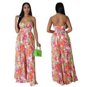Combinaison bustier à fleurs dos nu et jambes larges, vues de face et de dos.