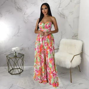 Combinaison pantalon large bustier sexy avec imprimé floral tropical aux couleurs vives