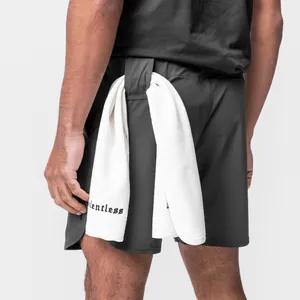 Detail of men's charcoal gym shorts featuring a functional towel loop and zipper pocket