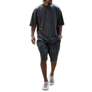 Ensemble jogging homme décontracté en coton éponge gris anthracite t-shirt et short