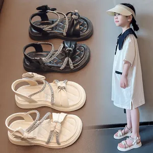 Girls Rhinestone Bow Sandals Princess Style Summer Beach Shoes Soft Sole Non-Slip Open Toe Hook And Loop Sandals For Toddlers