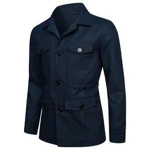 Vintage navy blue men's multi-pocket linen utility jacket with classic buttons