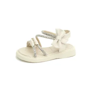 Elegant girls white rhinestone bow sandals with soft sole for summer princess style