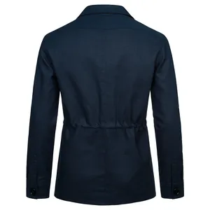 Rear view of navy blue linen jacket showing waist detail and fabric texture