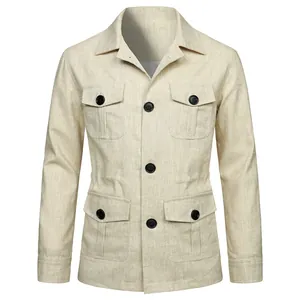Detail view of men's linen utility jacket with four flap pockets and black buttons