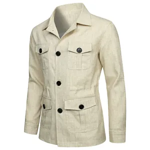 Close-up view of men's beige linen safari jacket with functional multi-pocket design
