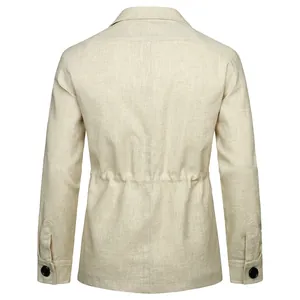 Detailed back view of men's beige linen cargo jacket with drawstring and textured fabric