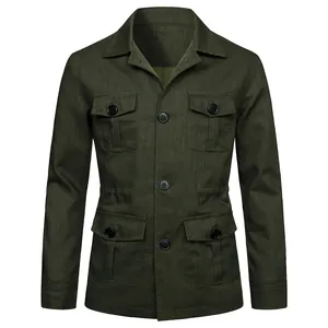 Men's olive green linen safari jacket featuring four large pockets and buttons