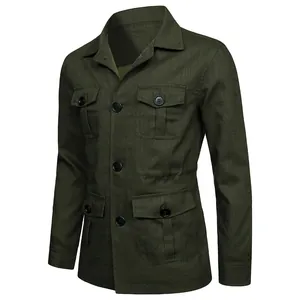 Detail view of men's olive green linen utility jacket with four front pockets