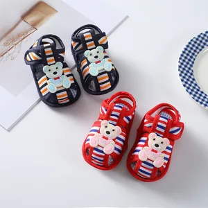 Close-up of soft-soled baby summer sandals with cute bear decorations
