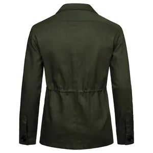 Back view of men's dark green linen utility jacket showing waist drawstring and texture