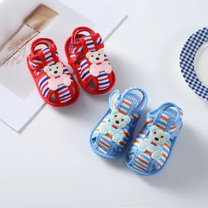 Soft-sole baby sandals with striped pattern and cute bear detail for infant toddlers