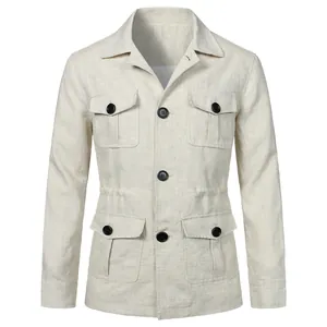 Vintage men's linen multi-pocket safari jacket with classic black button closure