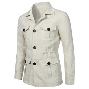 Men's British retro linen utility jacket with four flap pockets in beige