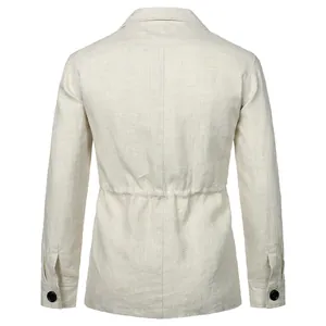 Detailed back view of men's beige linen work jacket featuring drawstring waist detail