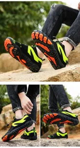 Detailed view of breathable outdoor hiking shoes with non-slip rubber soles
