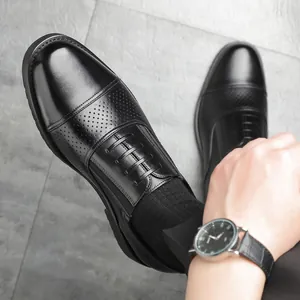 Men's black formal leather business shoes with breathable cap-toe perforation detail