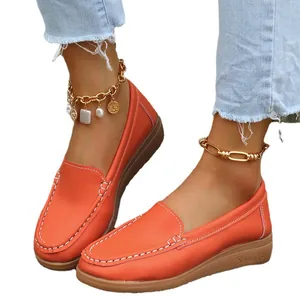Mocassins plats décontractés pour femme orange avec semelle souple et surpiqûres