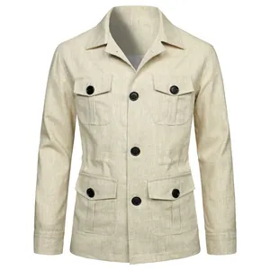 Vintage men's linen safari jacket with four utility pockets in natural beige finish.
