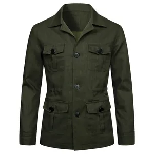 Military green men's vintage utility cargo jacket featuring multiple front pockets
