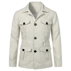 Men's vintage beige linen workwear jacket with multiple utility pockets and buttons