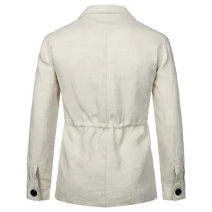 Rear view of a classic men's vintage linen work jacket in beige with waist drawstring