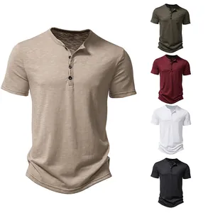 Men's slub cotton Henley short-sleeve casual shirts shown in various solid colors