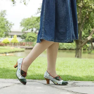 Vintage floral patchwork high heels in pastoral style with green leather details
