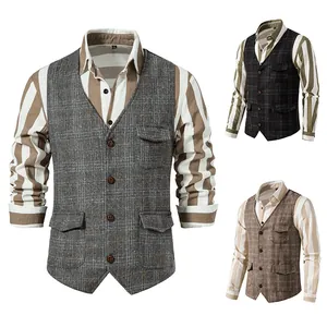 Gilet Vintage en Tweed à Carreaux pour Hommes Coton Col en V Simple Boutonnage Décontracté Business Costume Gilet Haut
