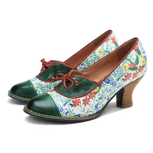 Vintage floral patchwork high heels with green leather and cottagecore design details