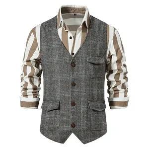 Gilet de costume vintage en tweed gris pour homme avec chemise à rayures