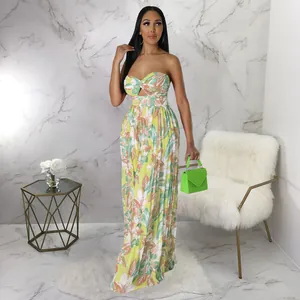 Combinaison fleurie à jambes larges et bustier pour femme, mode d'été sexy