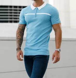 Detailed shot of men's slim fit light blue knit polo shirt featuring a white collar design